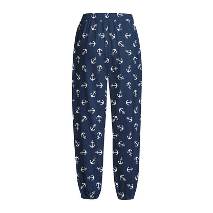 Blue And White Anchor Pattern Print Fleece Lined Knit Pants