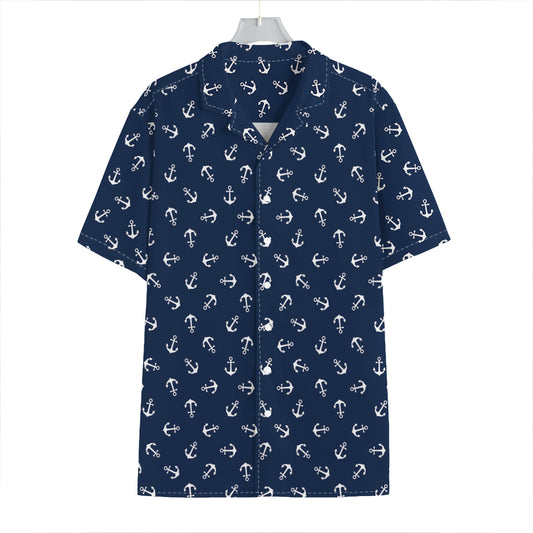 Blue And White Anchor Pattern Print Hawaiian Shirt