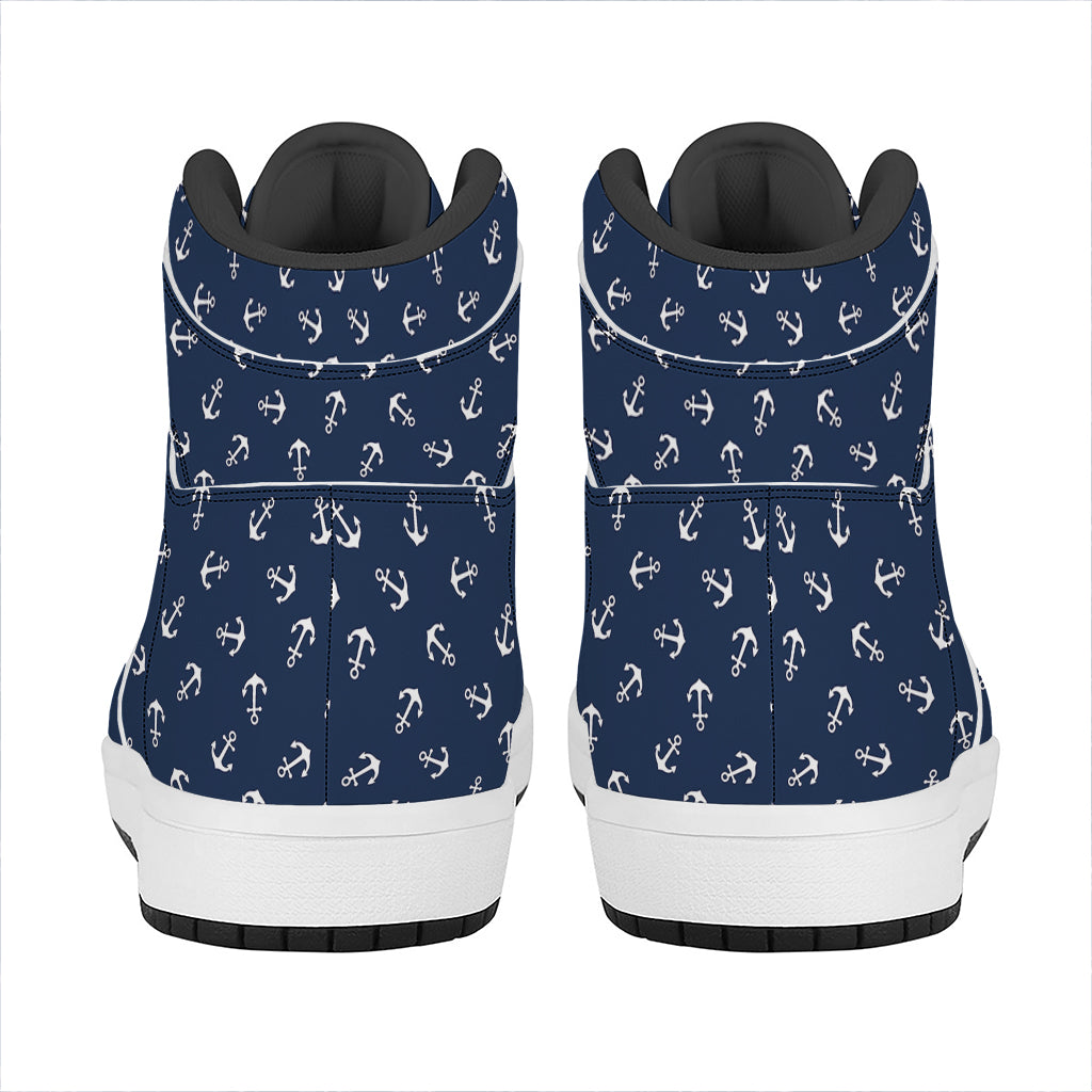 Blue And White Anchor Pattern Print High Top Leather Sneakers