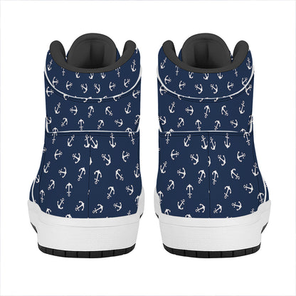 Blue And White Anchor Pattern Print High Top Leather Sneakers