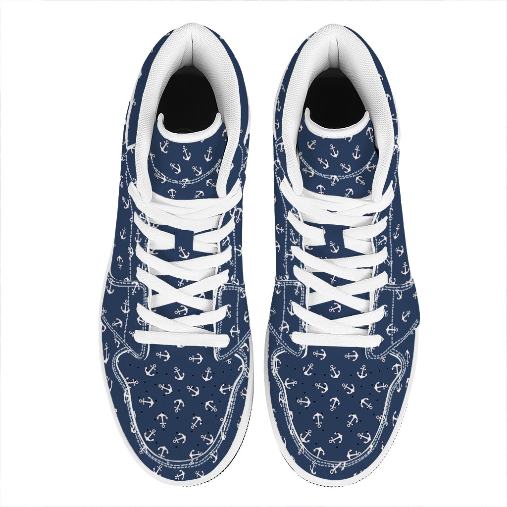 Blue And White Anchor Pattern Print High Top Leather Sneakers