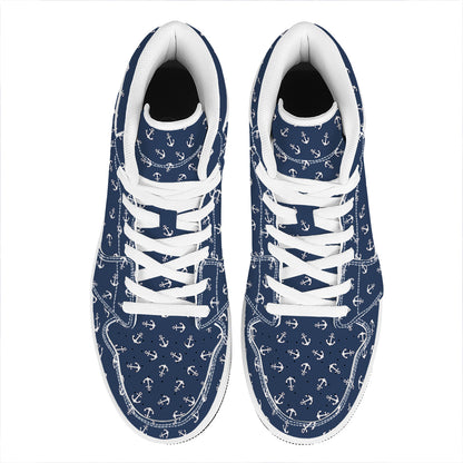 Blue And White Anchor Pattern Print High Top Leather Sneakers