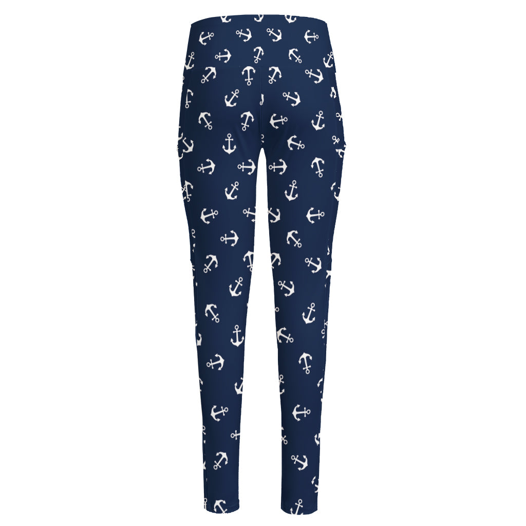 Blue And White Anchor Pattern Print High-Waisted Pocket Leggings