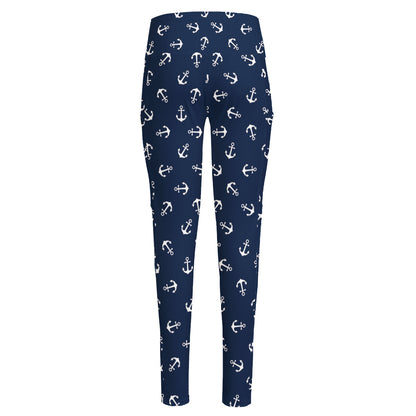 Blue And White Anchor Pattern Print High-Waisted Pocket Leggings