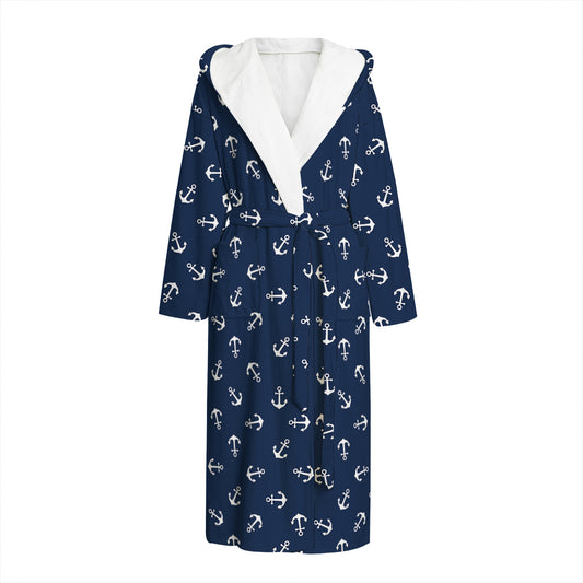 Blue And White Anchor Pattern Print Hooded Bathrobe