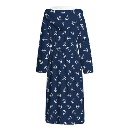 Blue And White Anchor Pattern Print Hooded Bathrobe