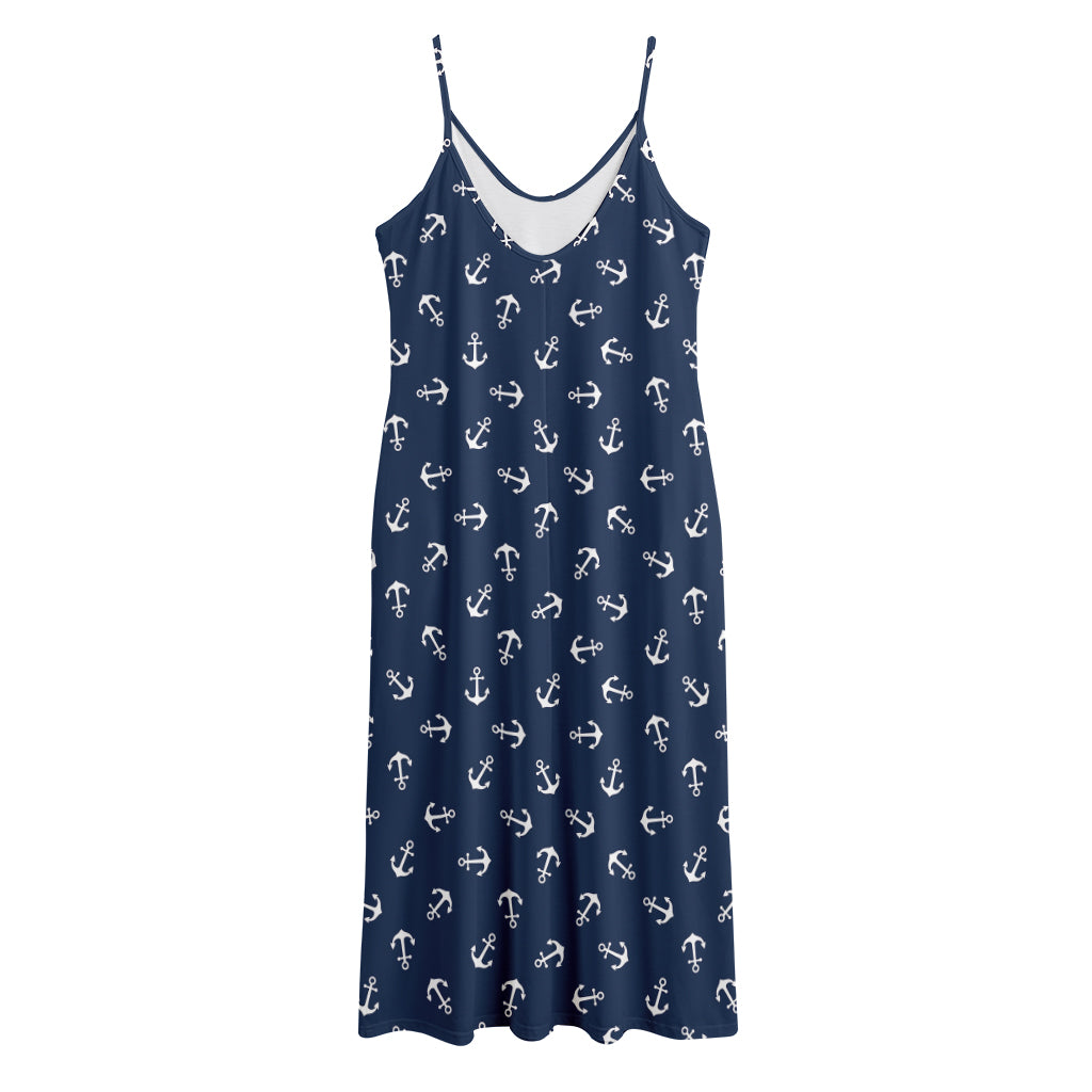 Blue And White Anchor Pattern Print Jersey Midi Cami Dress
