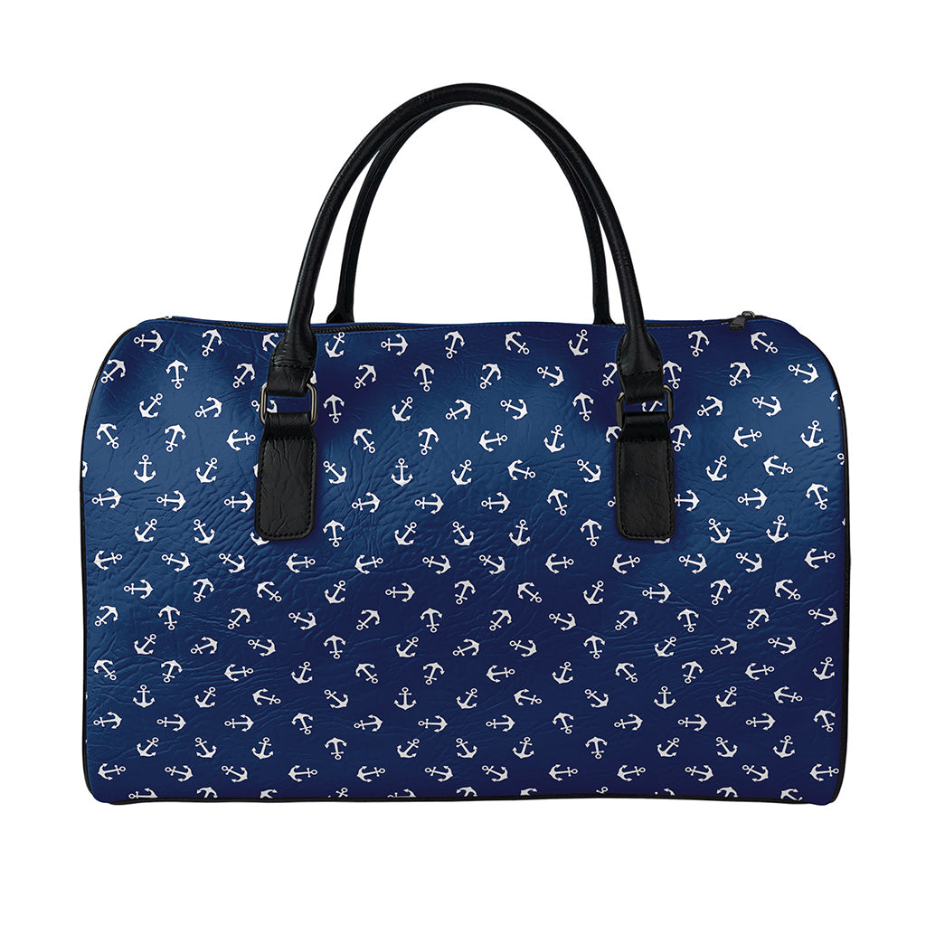 Blue And White Anchor Pattern Print Leather Duffle Bag
