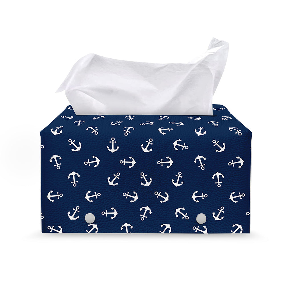 Blue And White Anchor Pattern Print Leather Tissue Box Cover