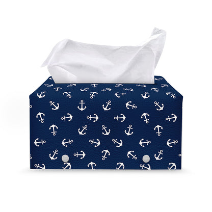 Blue And White Anchor Pattern Print Leather Tissue Box Cover