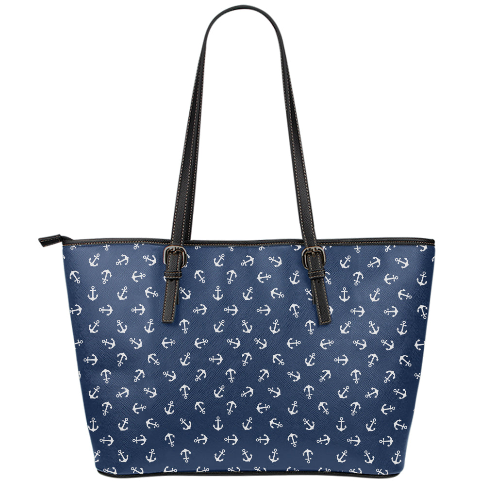 Blue And White Anchor Pattern Print Leather Tote Bag
