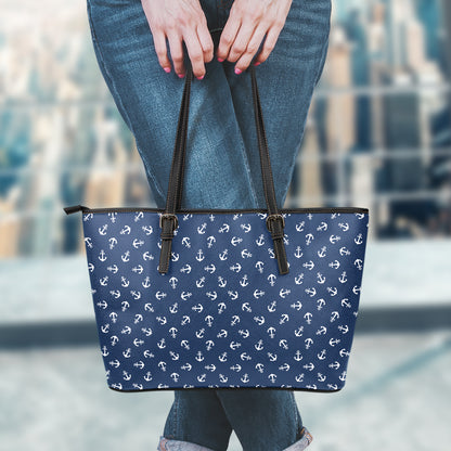 Blue And White Anchor Pattern Print Leather Tote Bag