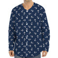 Blue And White Anchor Pattern Print Long Sleeve Baseball Jersey