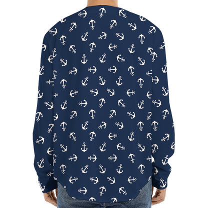 Blue And White Anchor Pattern Print Long Sleeve Baseball Jersey