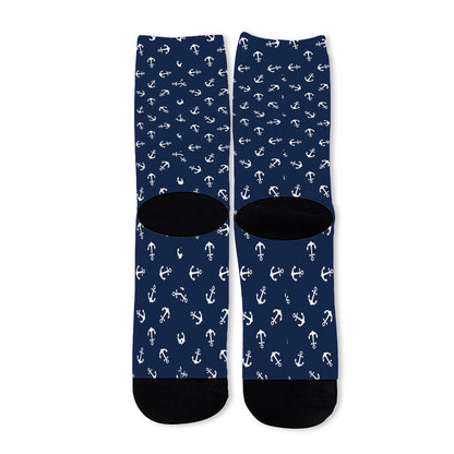 Blue And White Anchor Pattern Print Long Socks