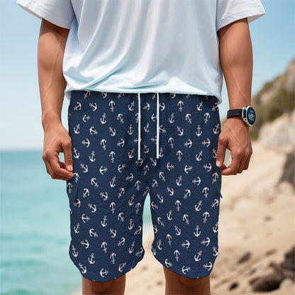 Blue And White Anchor Pattern Print Men's Cargo Shorts