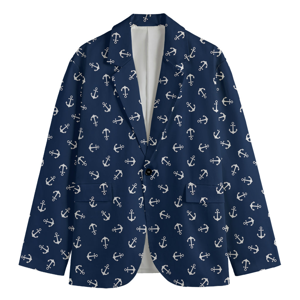 Blue And White Anchor Pattern Print Men's Cotton Blazer