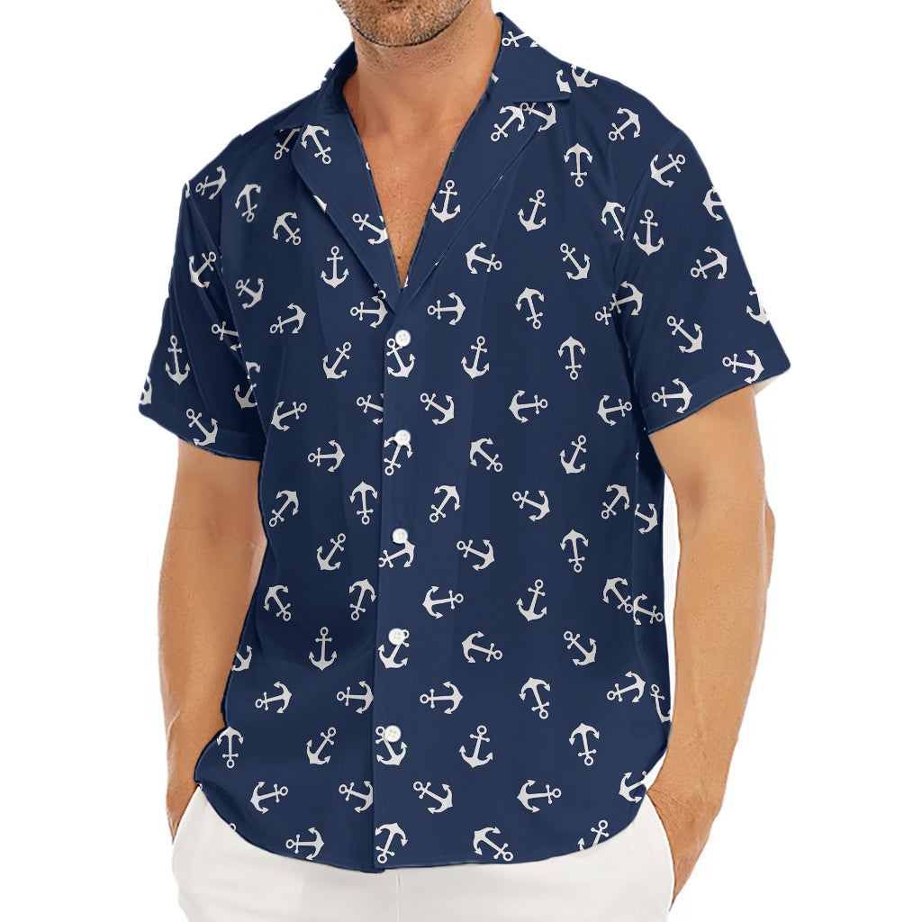 Blue And White Anchor Pattern Print Men's Deep V-Neck Shirt