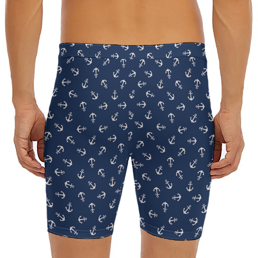 Blue And White Anchor Pattern Print Men's Long Boxer Briefs