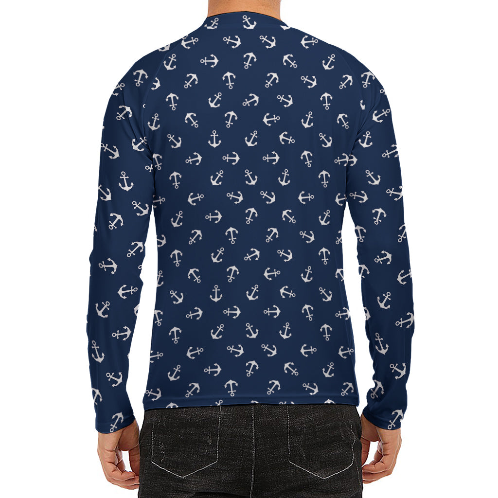 Blue And White Anchor Pattern Print Men's Long Sleeve Rash Guard