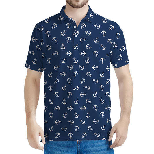 Blue And White Anchor Pattern Print Men's Polo Shirt