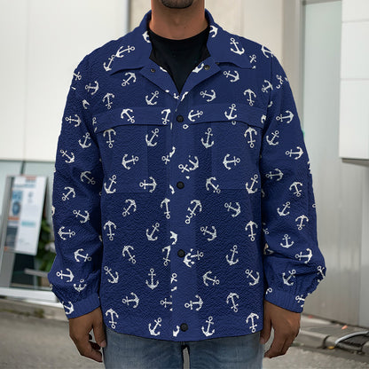 Blue And White Anchor Pattern Print Men's Shirt Jacket