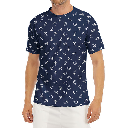 Blue And White Anchor Pattern Print Men's Short Sleeve Rash Guard
