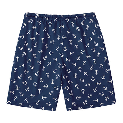 Blue And White Anchor Pattern Print Men's Swim Trunks