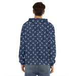 Blue And White Anchor Pattern Print Men's Velvet Pullover Hoodie