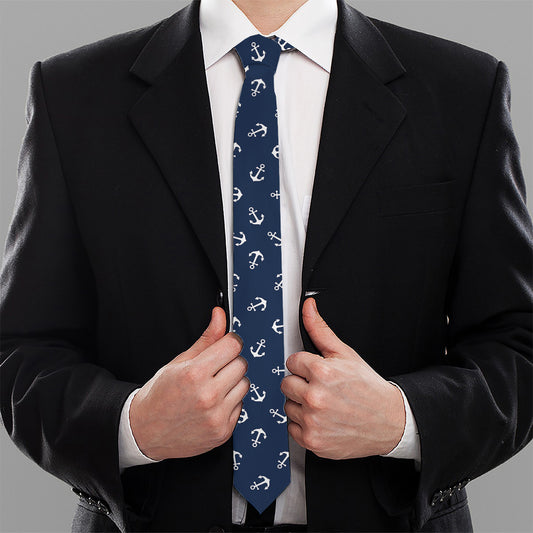 Blue And White Anchor Pattern Print Necktie