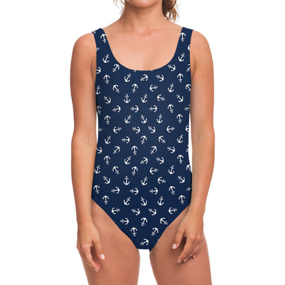 Blue And White Anchor Pattern Print One Piece Swimsuit