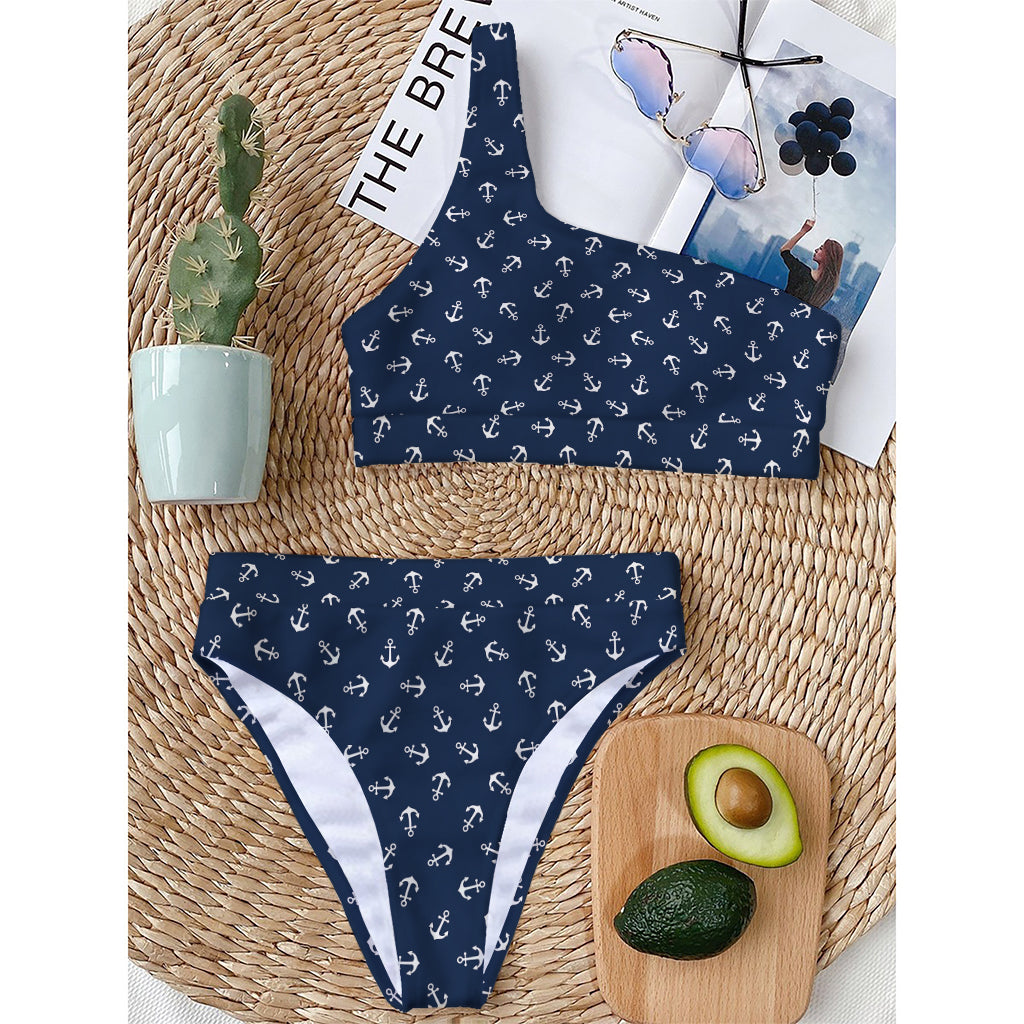 Blue And White Anchor Pattern Print One Shoulder Bikini Top