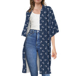 Blue And White Anchor Pattern Print Open Front Beach Cover Up