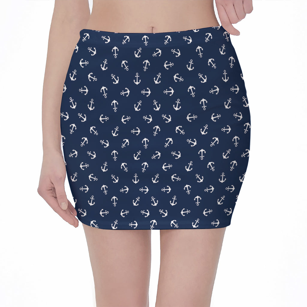 Blue And White Anchor Pattern Print Pencil Mini Skirt