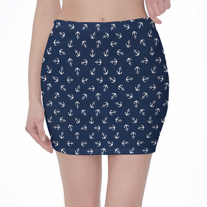 Blue And White Anchor Pattern Print Pencil Mini Skirt