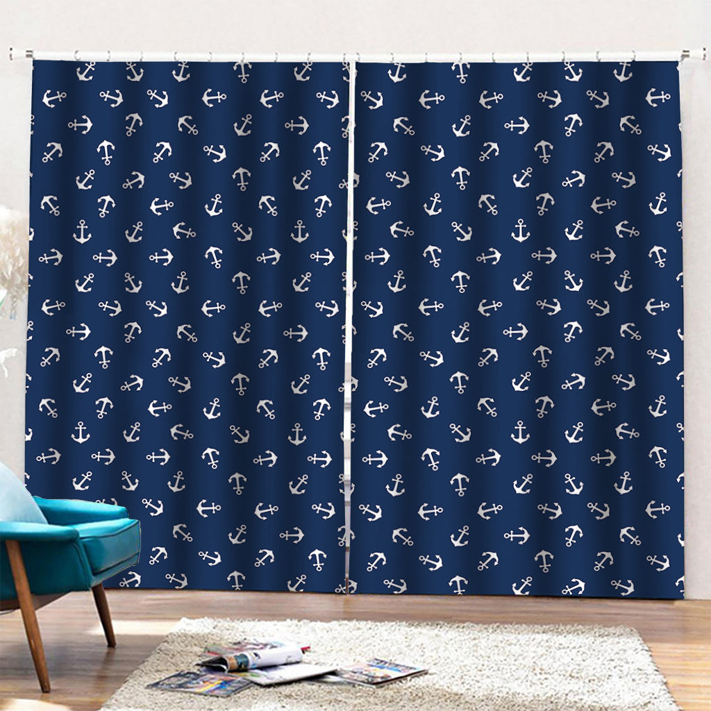Blue And White Anchor Pattern Print Pencil Pleat Curtains