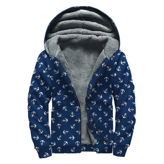 Blue And White Anchor Pattern Print Sherpa Lined Zip Up Hoodie