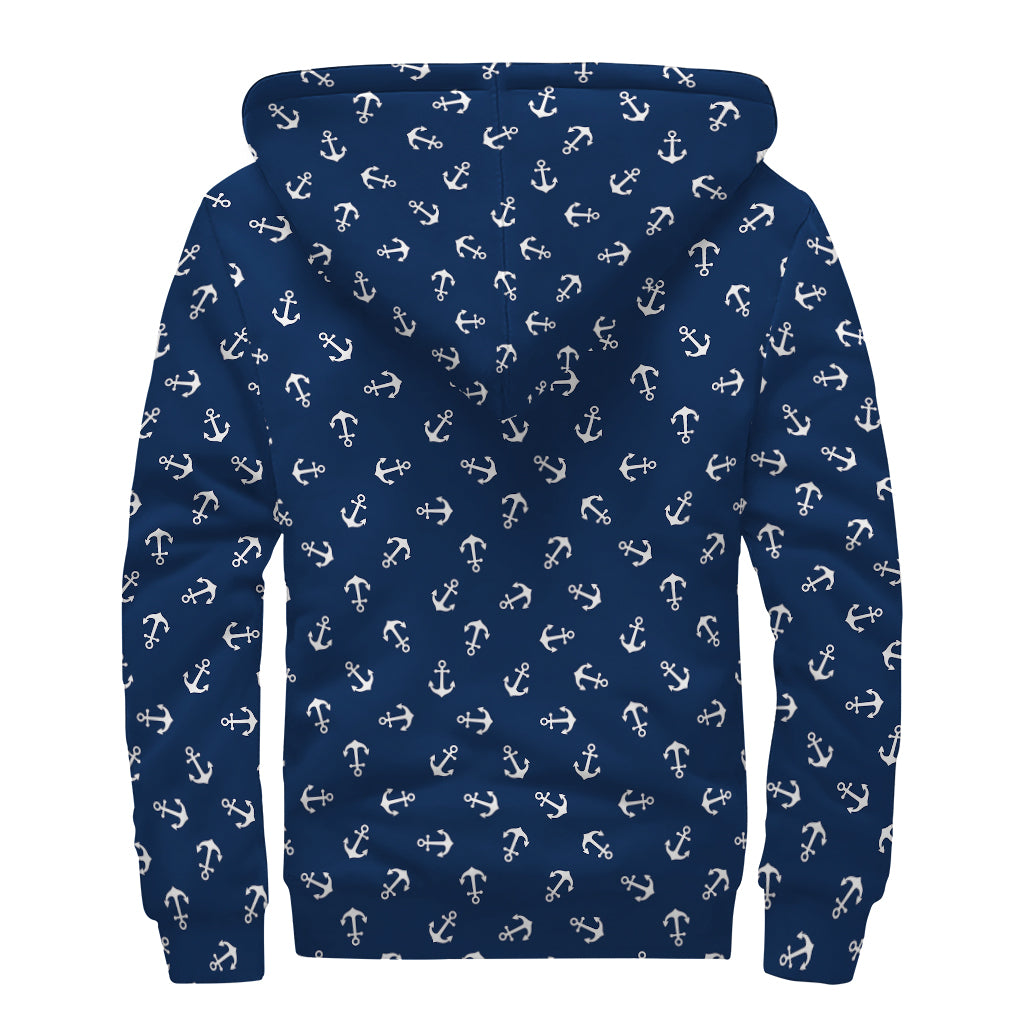 Blue And White Anchor Pattern Print Sherpa Lined Zip Up Hoodie
