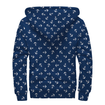 Blue And White Anchor Pattern Print Sherpa Lined Zip Up Hoodie