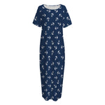 Blue And White Anchor Pattern Print Short Sleeve Long Nightdress