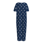 Blue And White Anchor Pattern Print Short Sleeve Long Nightdress