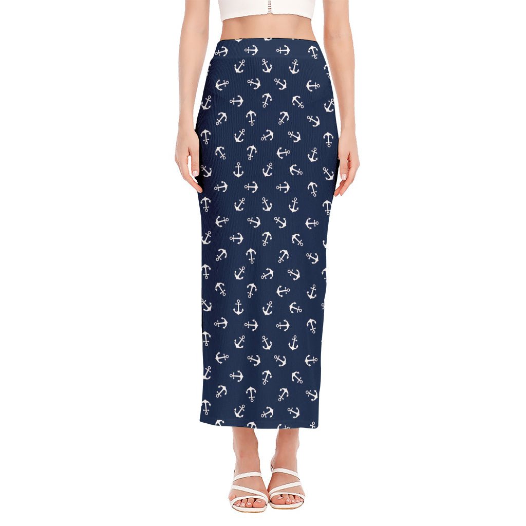 Blue And White Anchor Pattern Print Side Slit Maxi Skirt