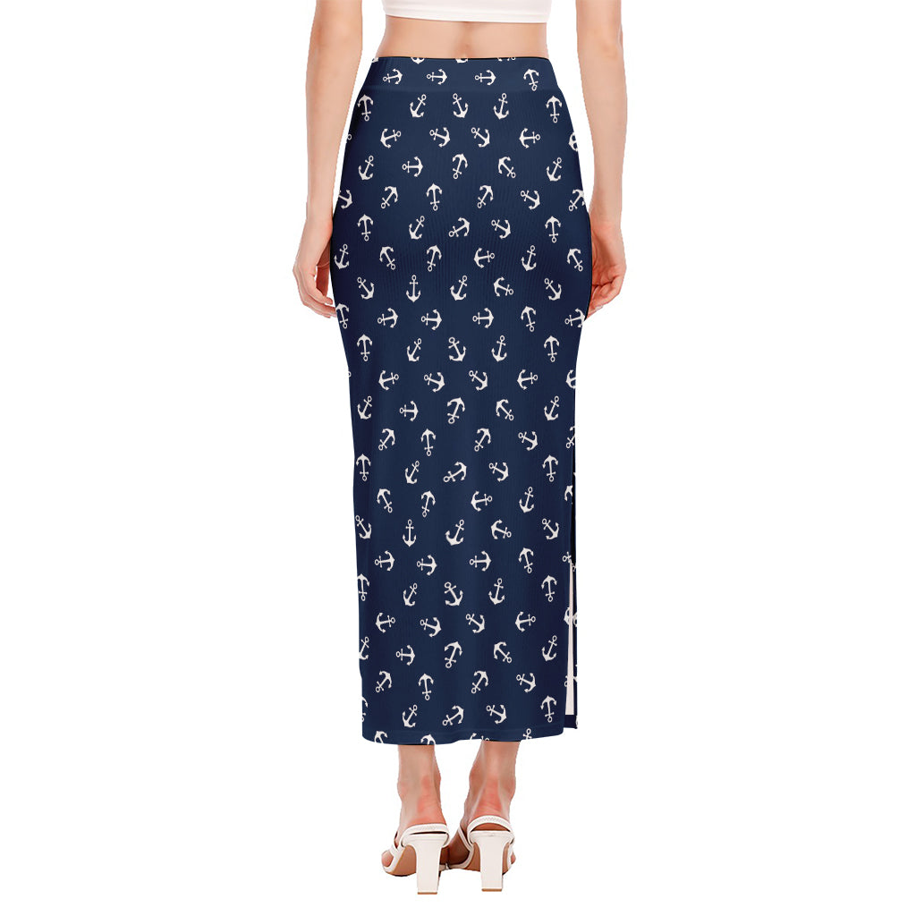 Blue And White Anchor Pattern Print Side Slit Maxi Skirt