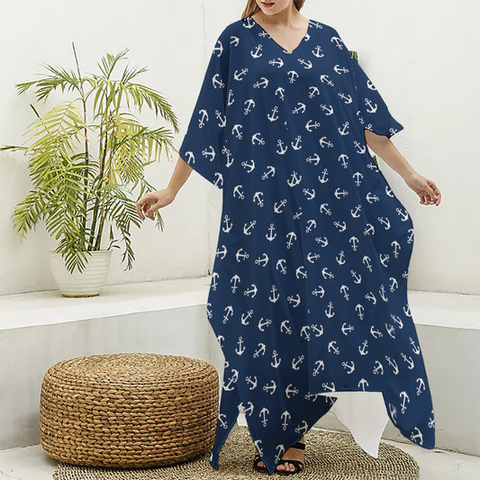 Blue And White Anchor Pattern Print Silk V-Neck Kaftan Dress