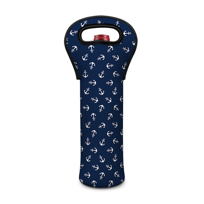Blue And White Anchor Pattern Print Single Neoprene Wine Tote