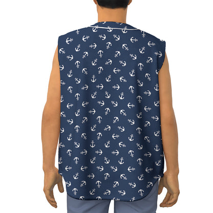 Blue And White Anchor Pattern Print Sleeveless Baseball Jersey