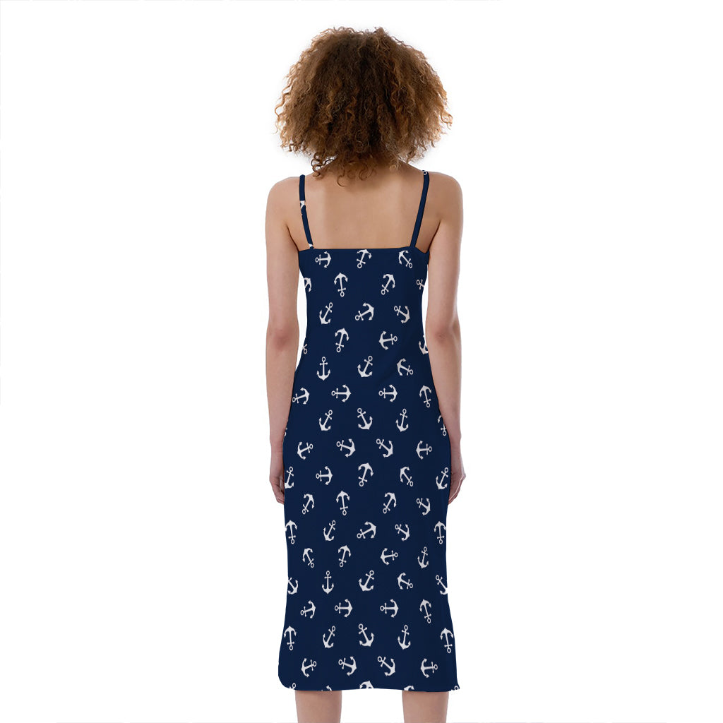 Blue And White Anchor Pattern Print Slim Fit Midi Cami Dress