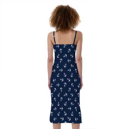Blue And White Anchor Pattern Print Slim Fit Midi Cami Dress