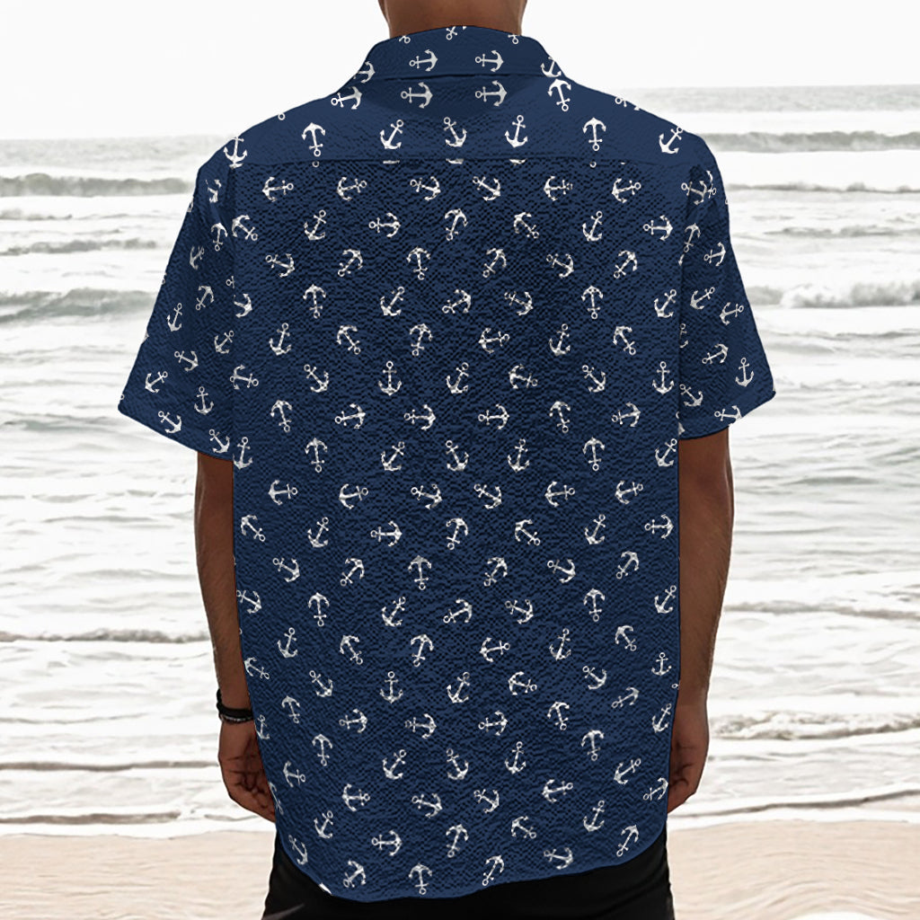 Blue And White Anchor Pattern Print Textured Short Sleeve Shirt