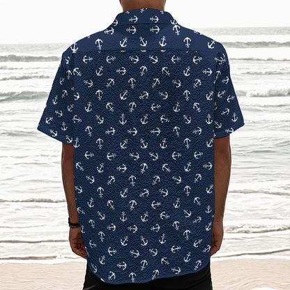 Blue And White Anchor Pattern Print Textured Short Sleeve Shirt